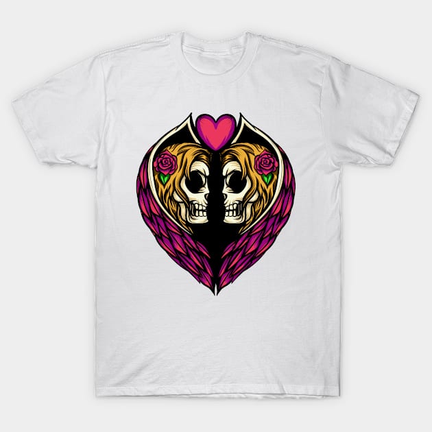 Twin Angel Skulls Illustration T-Shirt by Mako Design 